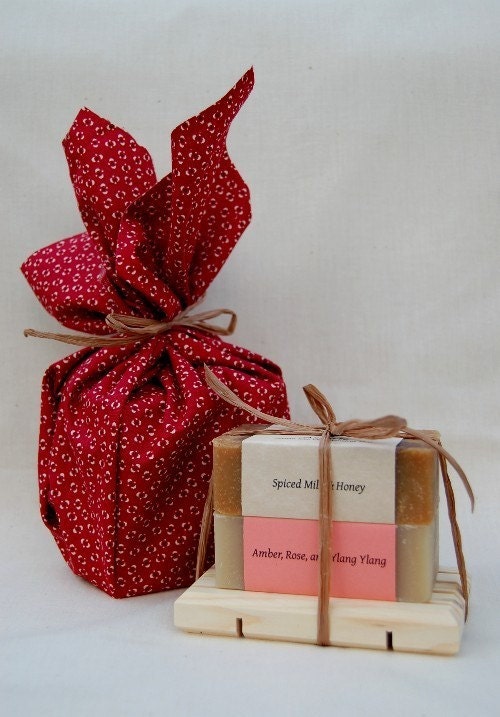 Custom gift set of handmade Sacred Suds essential oil soaps - pick two soaps.  Includes wooden self-draining soap dish and gift wrap.