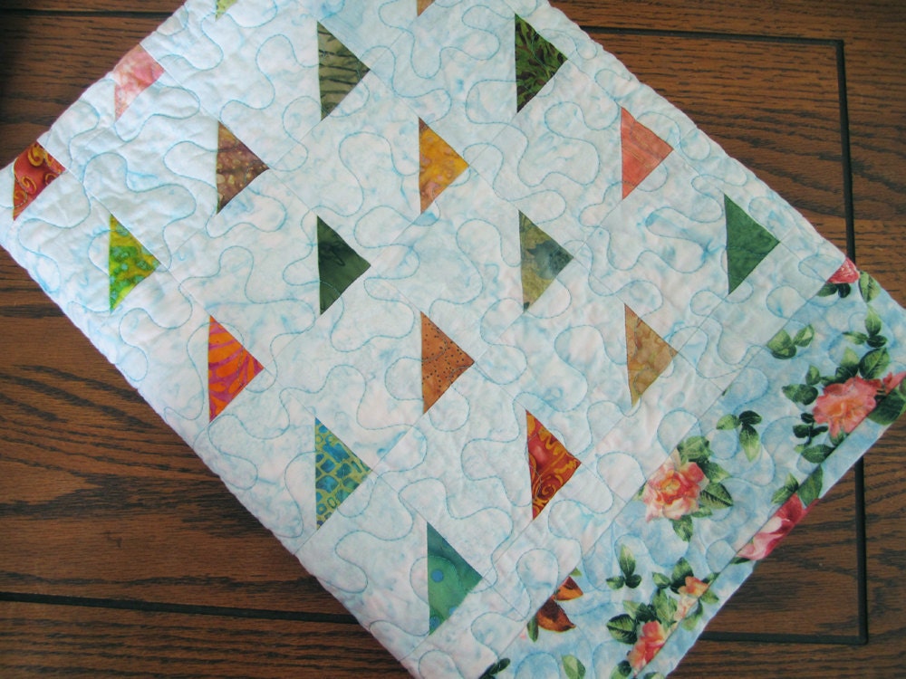 Baby Quilt- Shower Gift- Nursery- Blue Quilt- Rose Quilt- Triangles