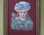 Shabby Cottage Print Woman Portrait Purple Wisteria Vine Straw Garden Hat Framed Die Cut