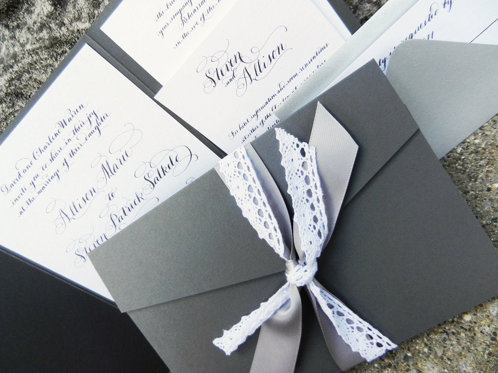 Wedding invitation lace and ribbon custom calligraphy in pocketfold Love No.9