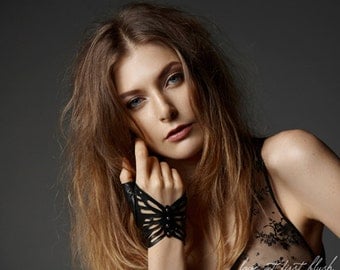 Studded Leather Butterfly Fingerless Glove - Nine Lives Collection