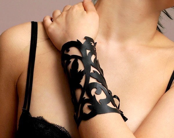 Leather Bracelet Cuff,  "Bird in Flight" in Black Leather