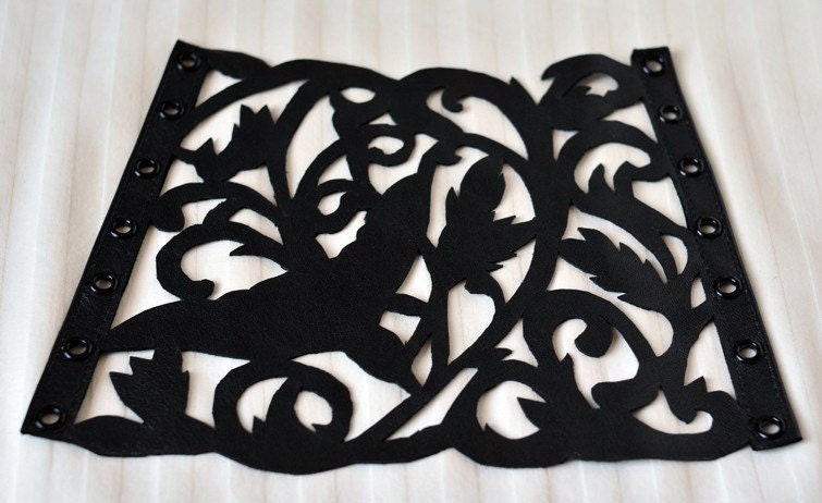 Leather Cuff, Lace Leather Bracelet, Black Leather, "Bird in Flight" silhouette, Gothic Rocker Bracer