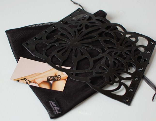 Leather Bracelet Cuff,  "Bird in Flight" in Black Leather