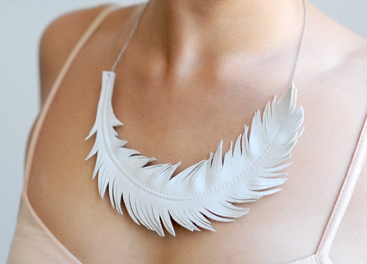 Leather Feather Necklace, Ivory White Feather Jewelry , Swan Statement Necklace