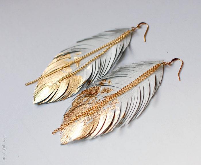 Feather Earrings - Leather Feather Jewelry - Dipped in Gold - Ivory White Leather