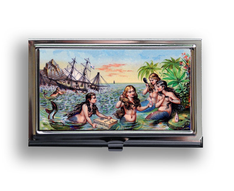 Business Card Case Pirates and  Mermaids Hard Case Fits Business, Credit, Debit and Gift Cards