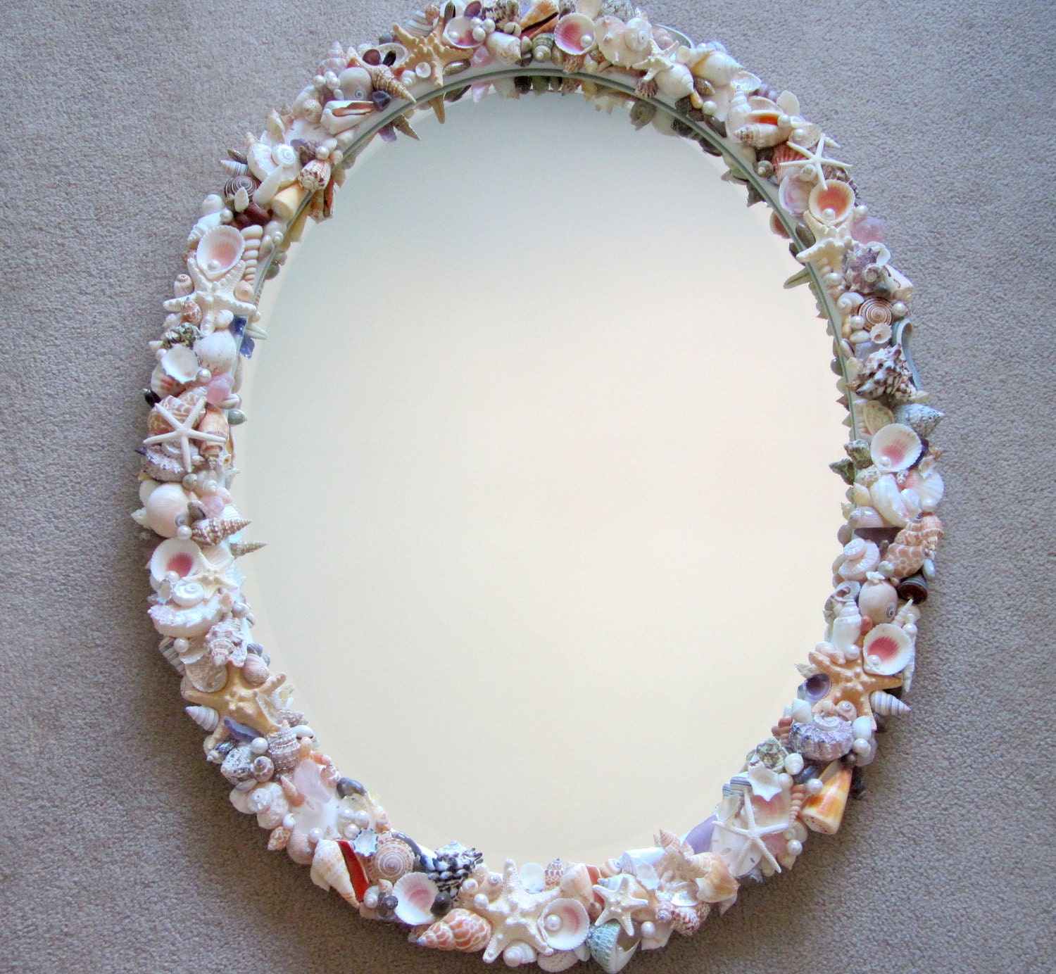 Beach Decor Seashell Mirror - Nautical Natural Shell Mirror w Sea Glass, Oval