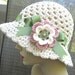 Cotton Womens Hat, Cream Cloche, Sage Ribbon, Crochet Flower, Off White, Rose Pink, Sun Hat, Beach, Weddings, Bridal Showers JE156GFCALL