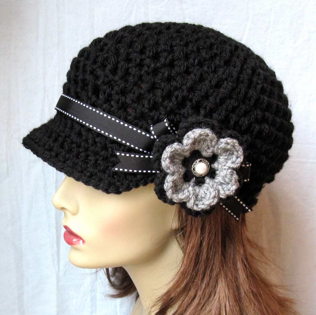 Crochet Newsboy, Hat, Black, Ribbon, Flower, Gray, Pearl Button, Gifts for Her, Birthday Gifts JE148NFRALL6