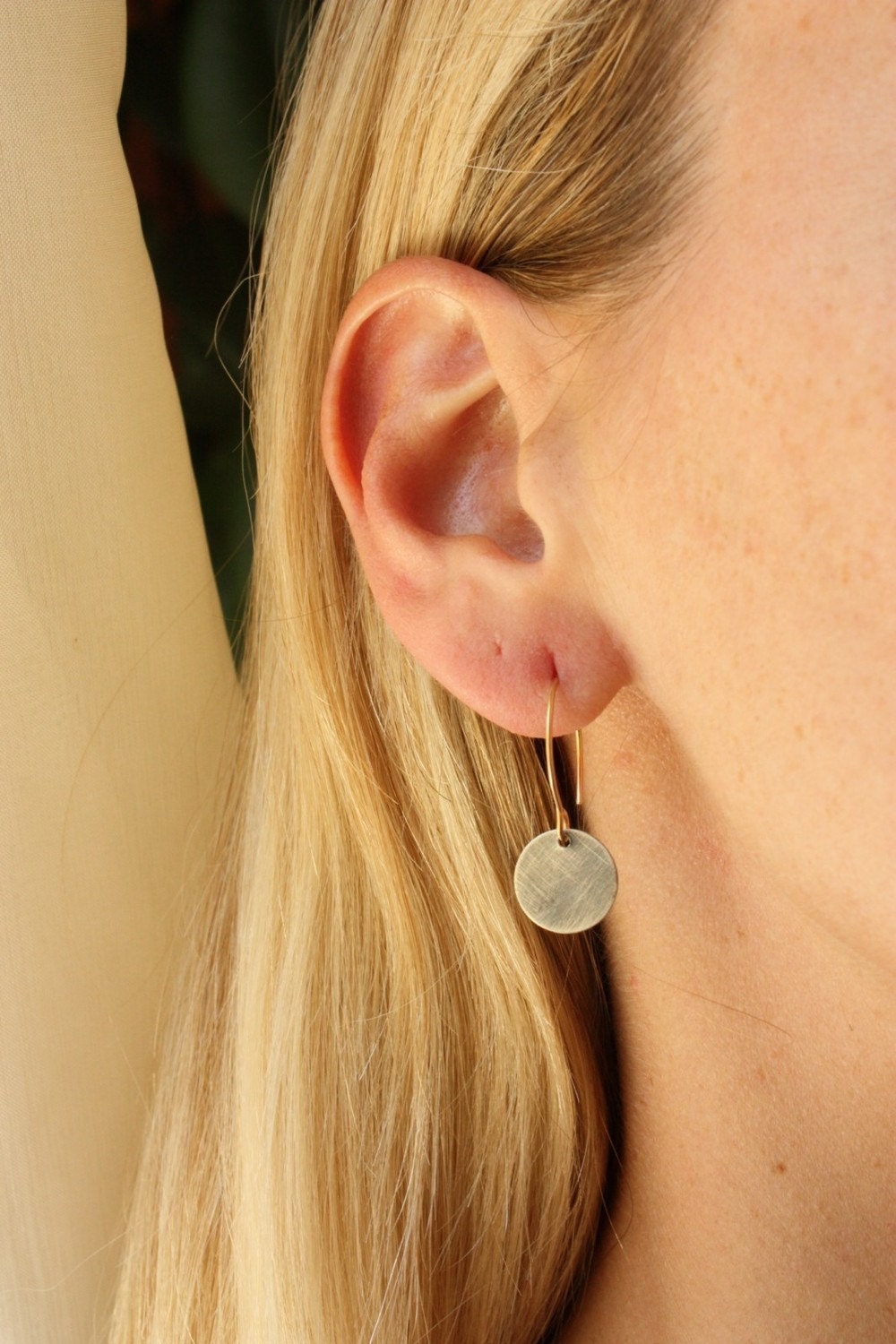 small oxidized recycled silver disk and gold earrings- the luna mini