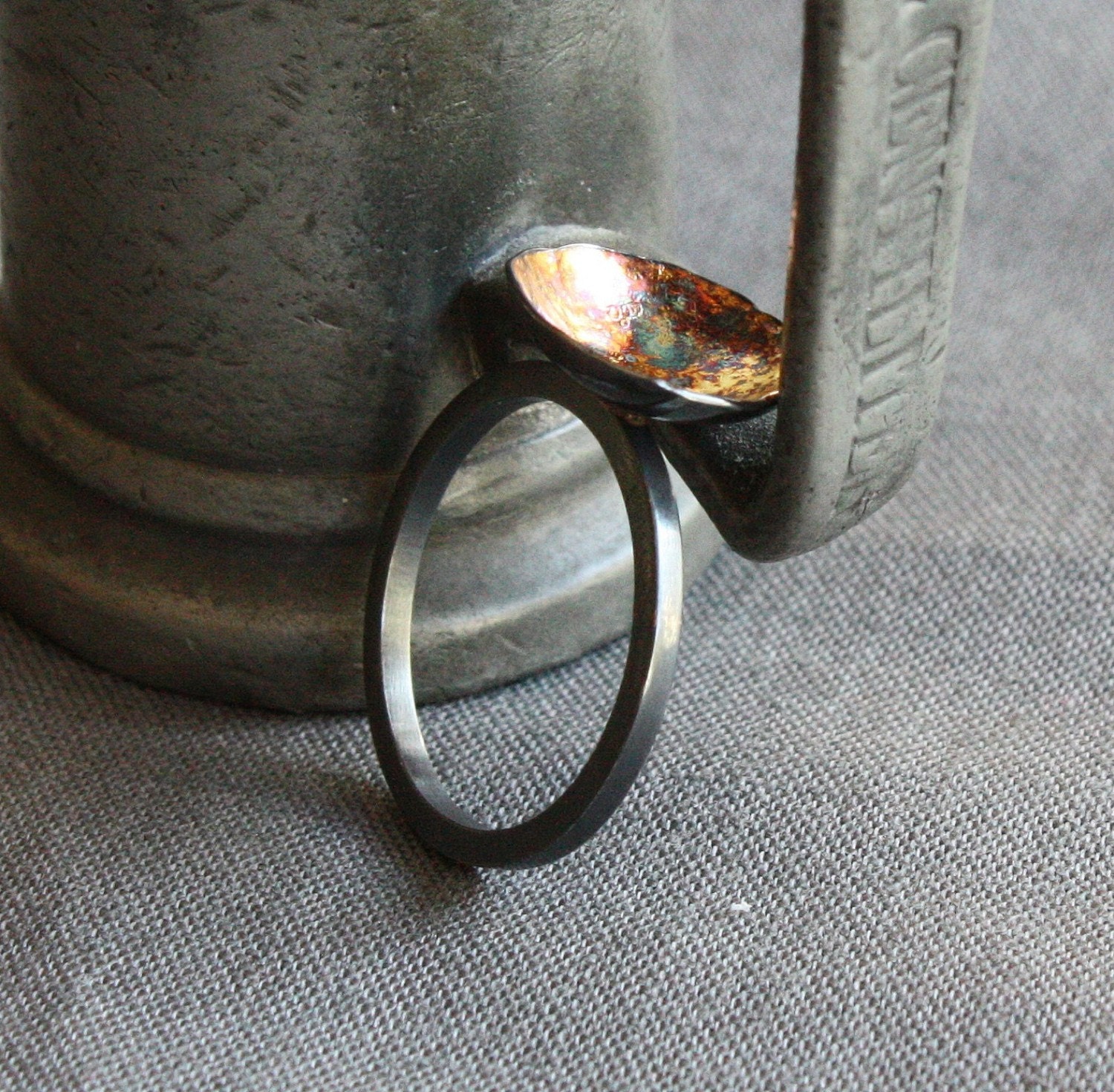 industrial recycled sterling and 24k gold ring- the dark mirror ring