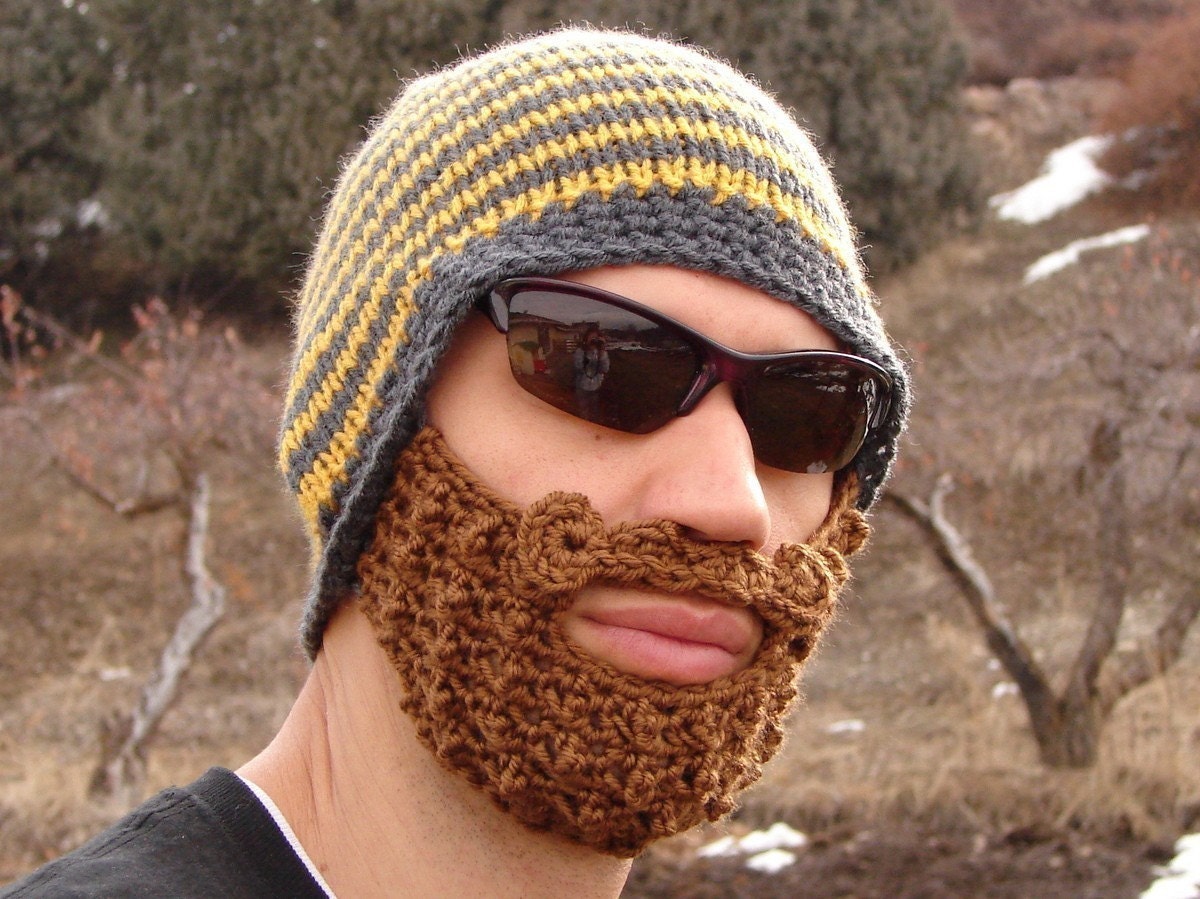 yellow and gray striped bearded beanie