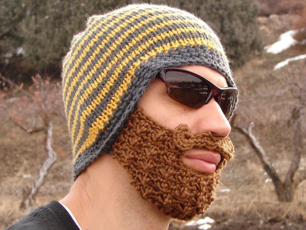 yellow and gray striped bearded beanie
