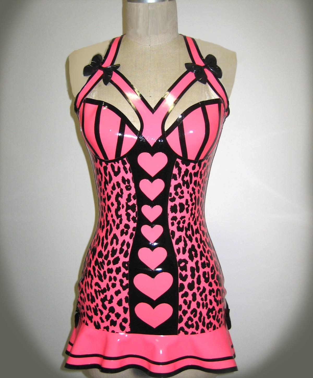 Hot pink latex  leopard print with heart detail dress by Venus Prototype