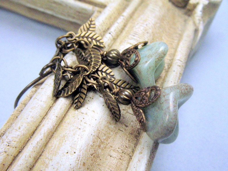 Blue Flower Earrings - Czech Glass, Vintaj Brass, Dangle