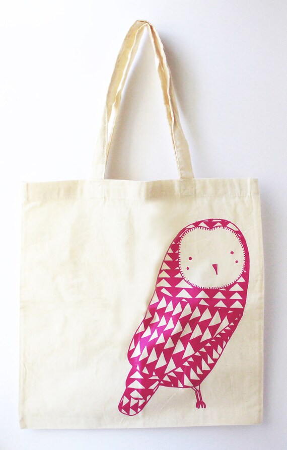 CLEARANCE: Owl Tote Bag - Screenprint Tote Bag Dark Pink