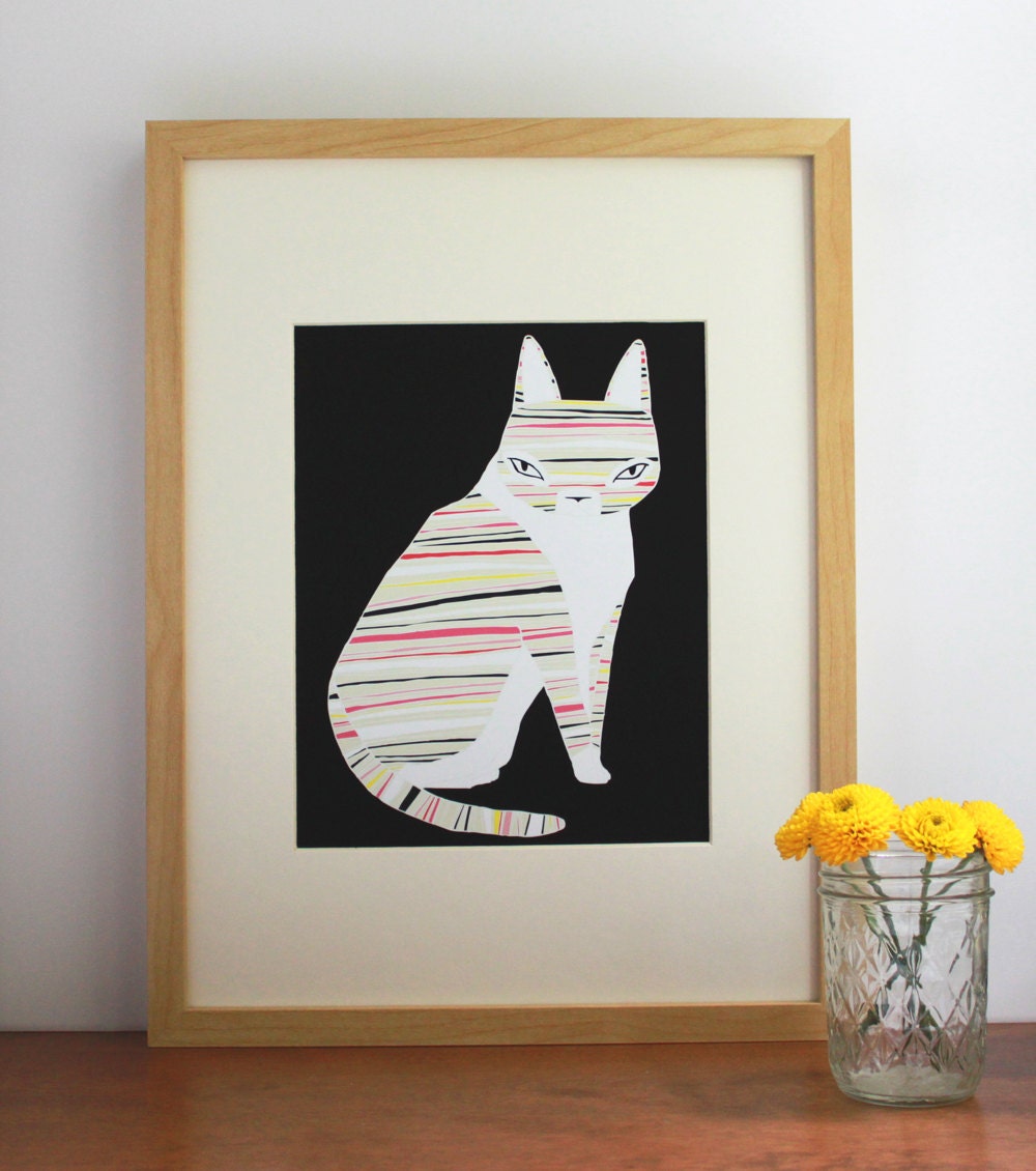 Neon Striped Cat Illustration - Free US Shipping