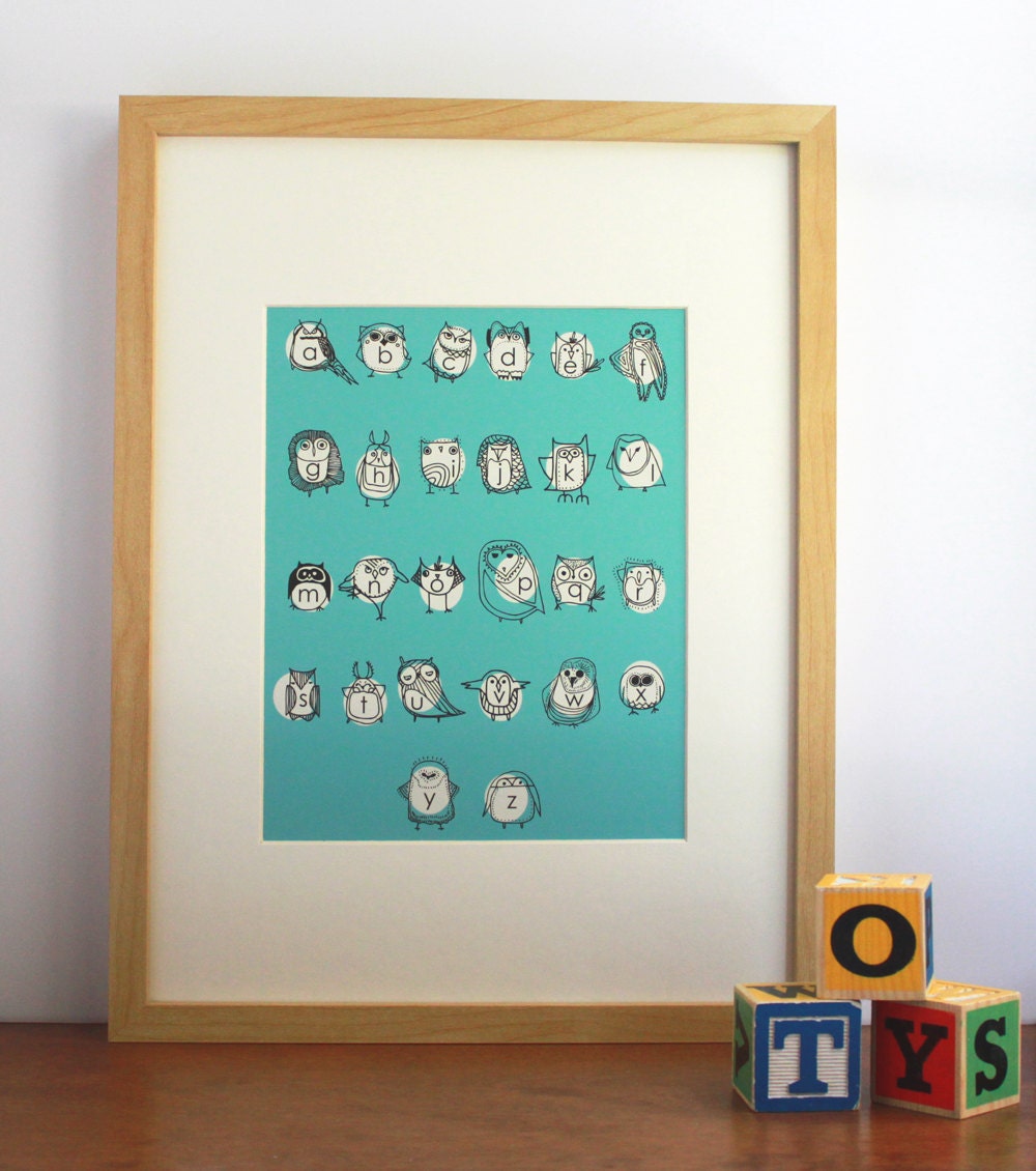 Turquoise Alphabet Nursery Art Print, Kids Room Decor, Owlphabet, Nursery Art, Boys Room Decor - Free US Shipping
