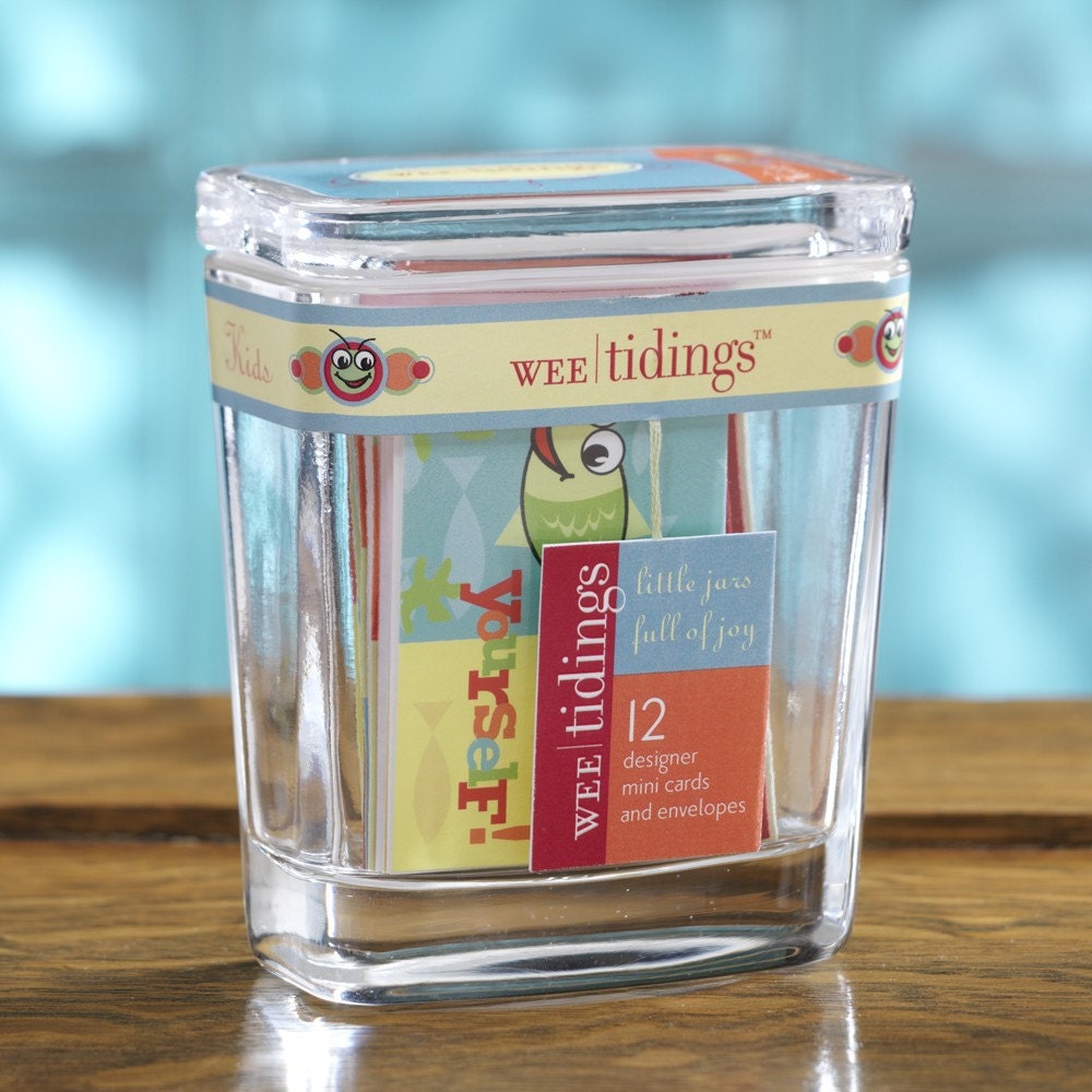 Kids Wee Tidings-12 mini note cards w/ envelopes packaged in a glass jar