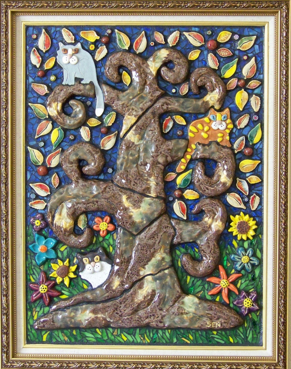 Mosaic Cat Picture "Tree Bark & Claws"