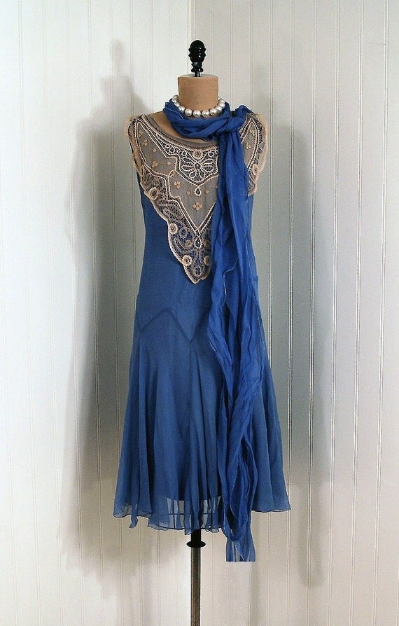 1920's Antique Vintage Elegant Periwinkle-Blue Silk Crepe-Chiffon Couture Ivory-White Embroidered Mixed-Lace Bib Collar French Flapper Drop-Waist Deco Wedding Party Cocktail Dress and Scarf