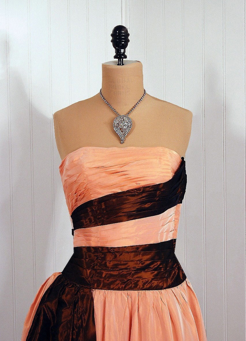 1950's Vintage Emma Domb Designer-Couture Iridescent Champagne-Peach and Copper-Bronze Ruched Strapless Rockabilly Princess Sculpted Side-Peplum Goddess Circle-Skirt Wedding Formal Evening Cocktail Party Dress Gown and Matching Shawl