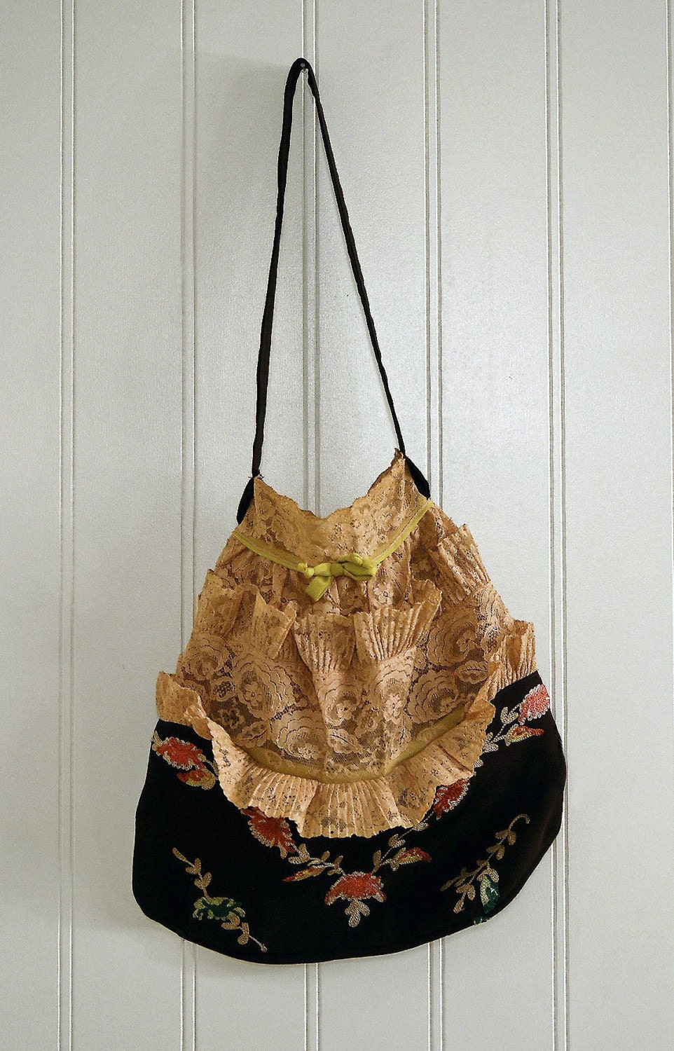 1920's Antique Vintage Heavily-Embroidered Colorful Autumn Floral-Garden Silk- Rayon Couture Flapper Tiered-Lace Bib-Collar Deco Bakelite-Belted Wedding Party Cocktail Dress and Matching Purse
