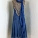1920's Antique Vintage Elegant Periwinkle-Blue Silk Crepe-Chiffon Couture Ivory-White Embroidered Mixed-Lace Bib Collar French Flapper Drop-Waist Deco Wedding Party Cocktail Dress and Scarf
