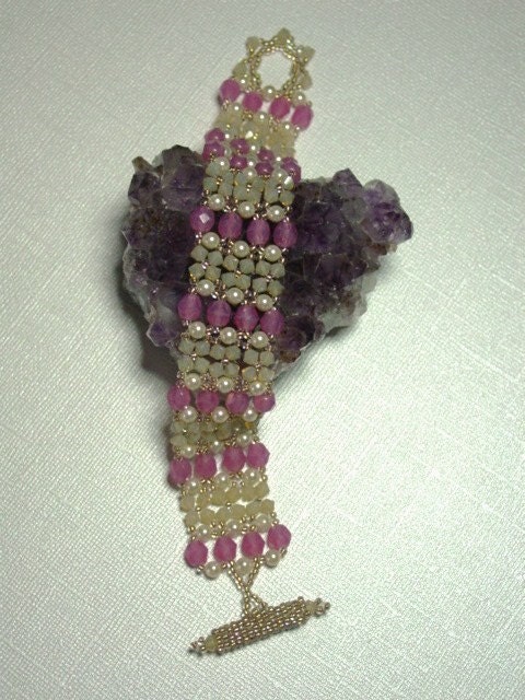 Beadwoven Beadwork Bracelet - Pink Beaded Beadweaving Jewelry - Seed Beads