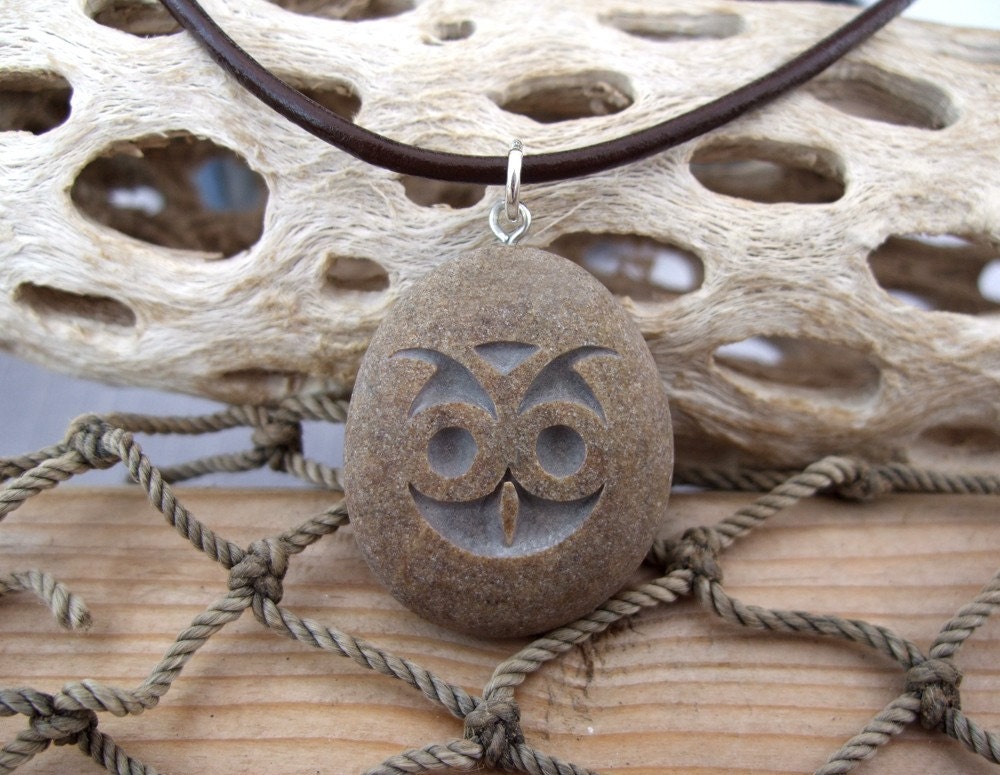Hooty lil Owl Face - Martha's Vineyard Beach Stone Pendant
