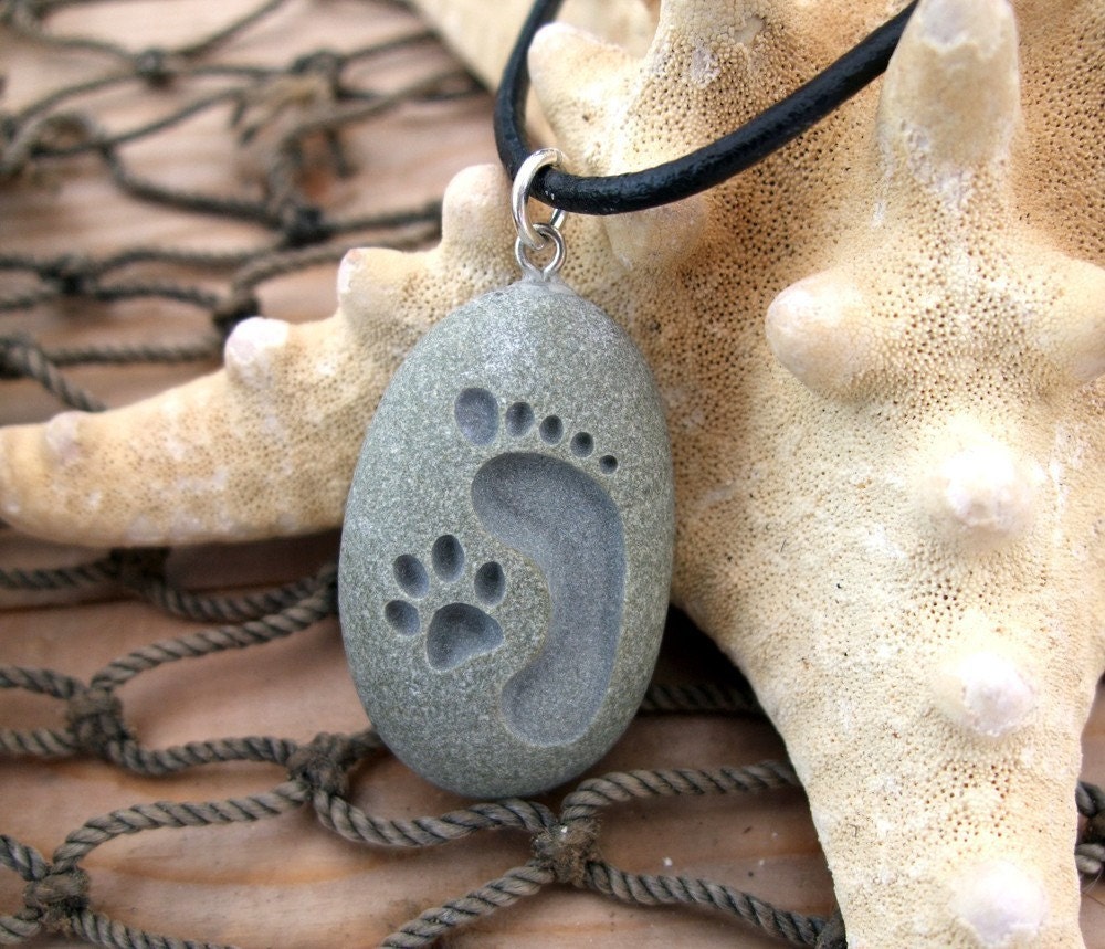 Footprint and Cat Paw Forever Friends - Martha's Vineyard Beach Stone Pendant