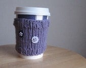Lavender Purple and White Flowered Coffee Cup Cozy Lilac Coffee Cup Sleeve Knit Cup Cozy