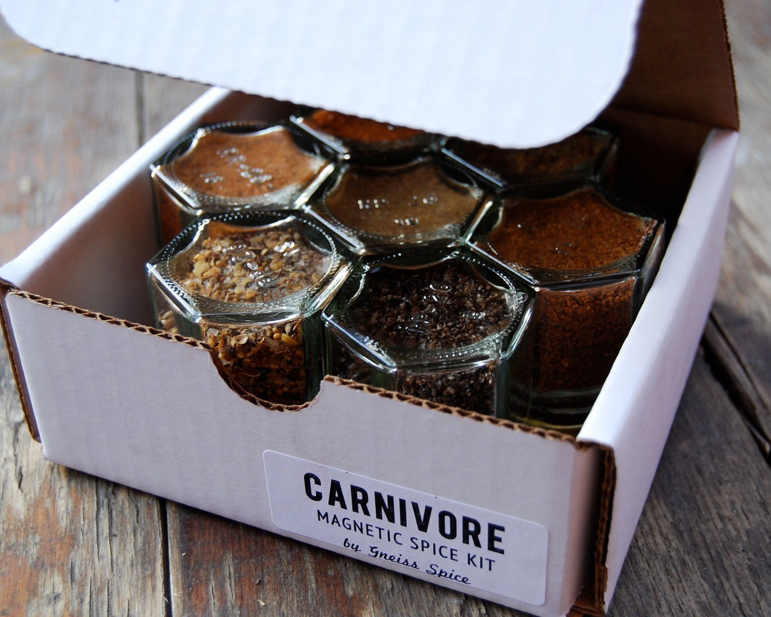 CARNIVORE KIT: 7 hand-stamped magnetic jars filled with ORGANIC seasonings for him. Holiday gift idea for Dad...