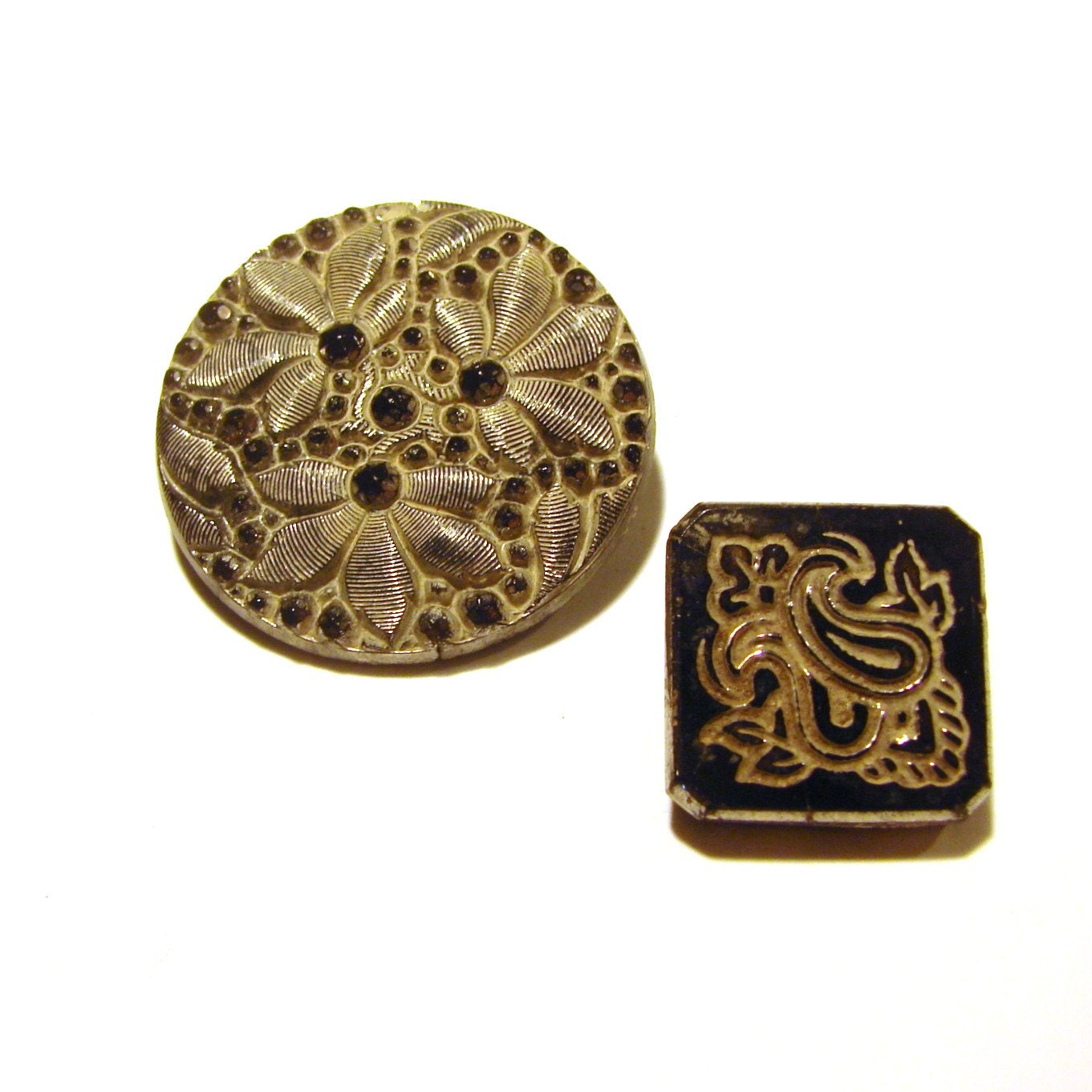 Two Black Glass Buttons with Silver Luster
