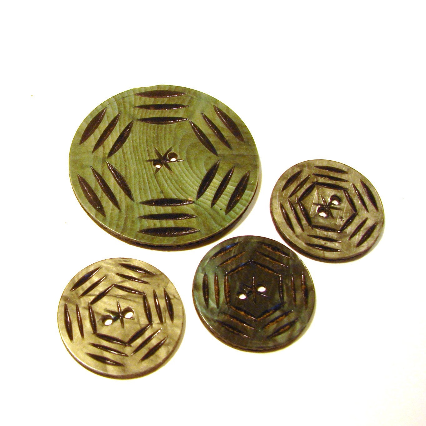 Four Celluloid Wafer Buttons - Green