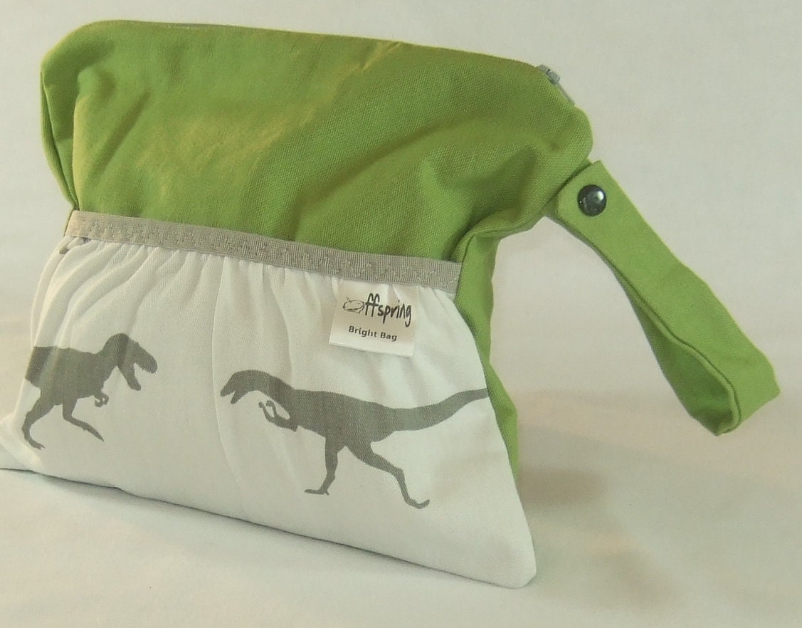 Grey Dinosaurs on Olive Canvas - Waterproof Clutch - New Zippered Diaper Clutch with Pocket and Strap - Small 11" X 9"