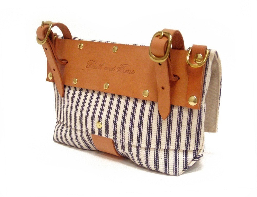 Handlebar Bag in Blue and White Striped Ticking