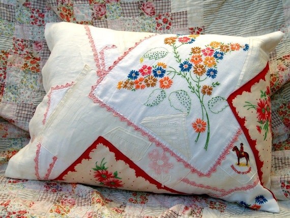 Up-cycled Vintage Linen Pillowcase Pillow - pink/red/blue/green - Kate Corbett
