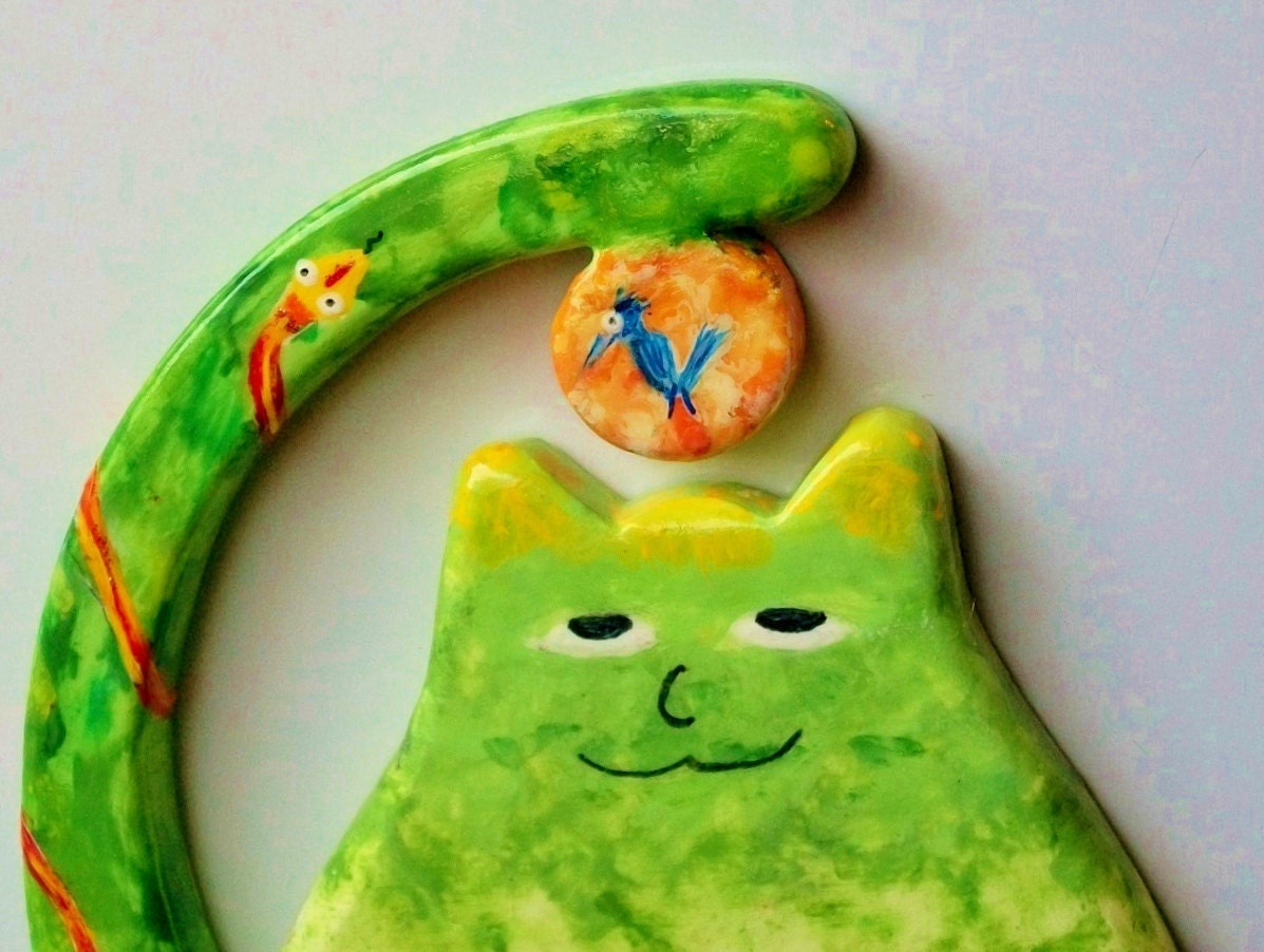 Fridge Magnet - Fat Cat with Bird and Snake - Abstract Greens