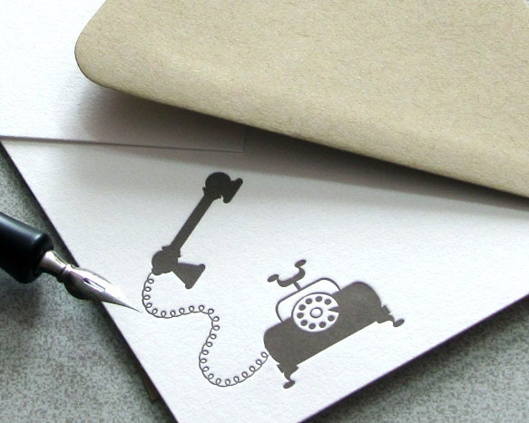 Vintage Telephone Letterpress Note Card Set - Call Me, Rustic, Autumn, Fall, Dark Coffee Brown - 10 pack (NVP01)