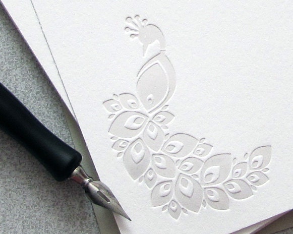 Peacock Note Card Set Letterpress - Pearl, Light Grey, Gray - 10 pack (NPE01) - sweetharvey