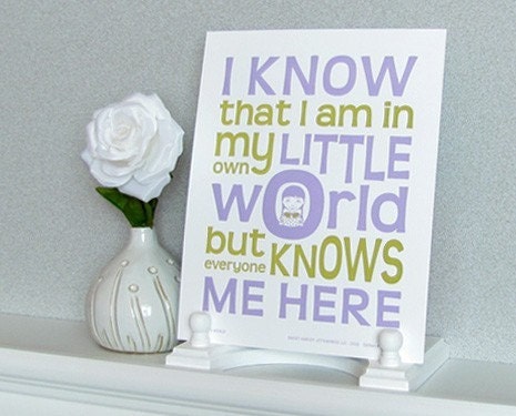 My Own World: Letterpress Nursery Decor - Typography Art Print, Wall Art, Purple Green (PEW3)