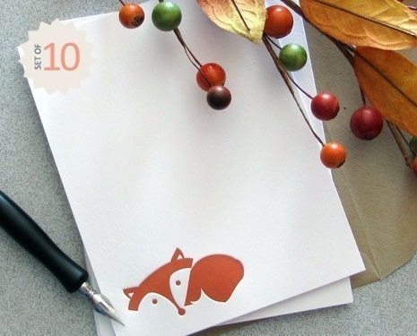 Fox Note Card Set - Fox Letterpress Stationery Set - Laying Fox, Autumn, Fall, Red, Rust Orange - 10 pack (NLF1)