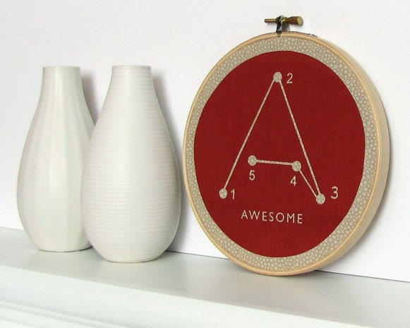 Awesome Typography Embroidery Hoop Art - Connect the Dots, Alphabet Puzzle, Geometric Screenprint - Red, Tan, Beige, Khaki (HAW1)
