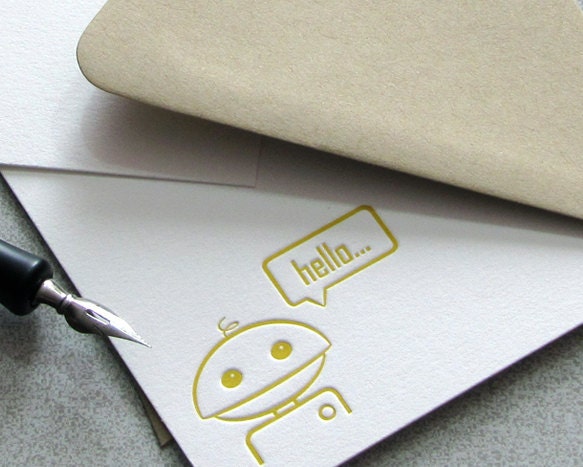 Robot Note Card Set Letterpress Geekery - Fathers Day, Men - Bamboo Mustard Yellow, Techie, 10 pack (NRH03)