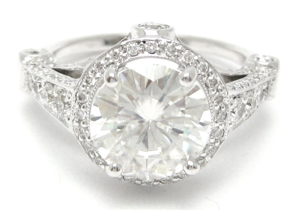 ROUND cut designer inspired antique style diamond engagement ring 14k white gold 4.10CTW