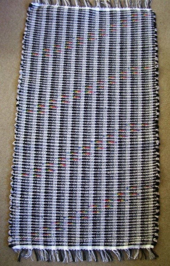 Rag Rug, Handwoven, ALTERNATIVES Pattern w/ Laid-in Design - Black, White, Rainbow (Inv.ID 5-0980)