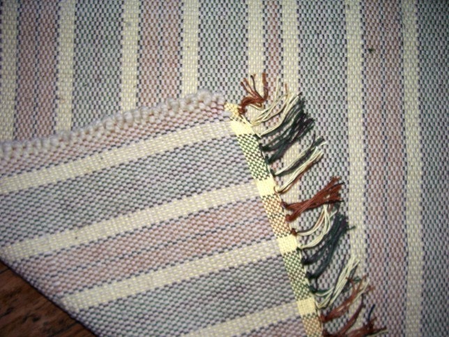 Cotton Yarn Rug, Handwoven - Pale Yellow w/ Green, Rust, Brown (Inv. ID 1-0480)