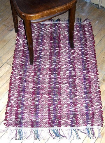 Handwoven Rag Rug - Wine, Cream, Blue Green  (Inv. ID 1-0280)